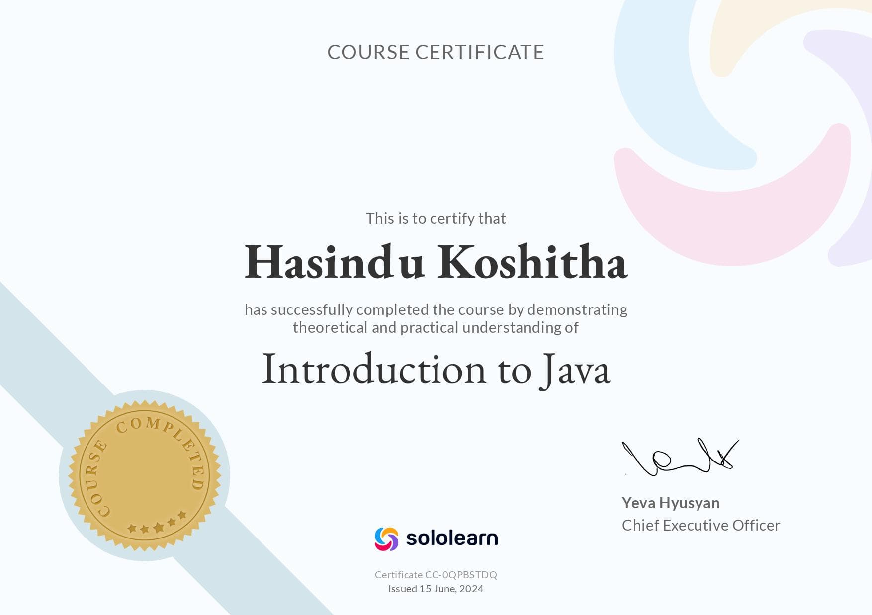 Introduction to Java certificate