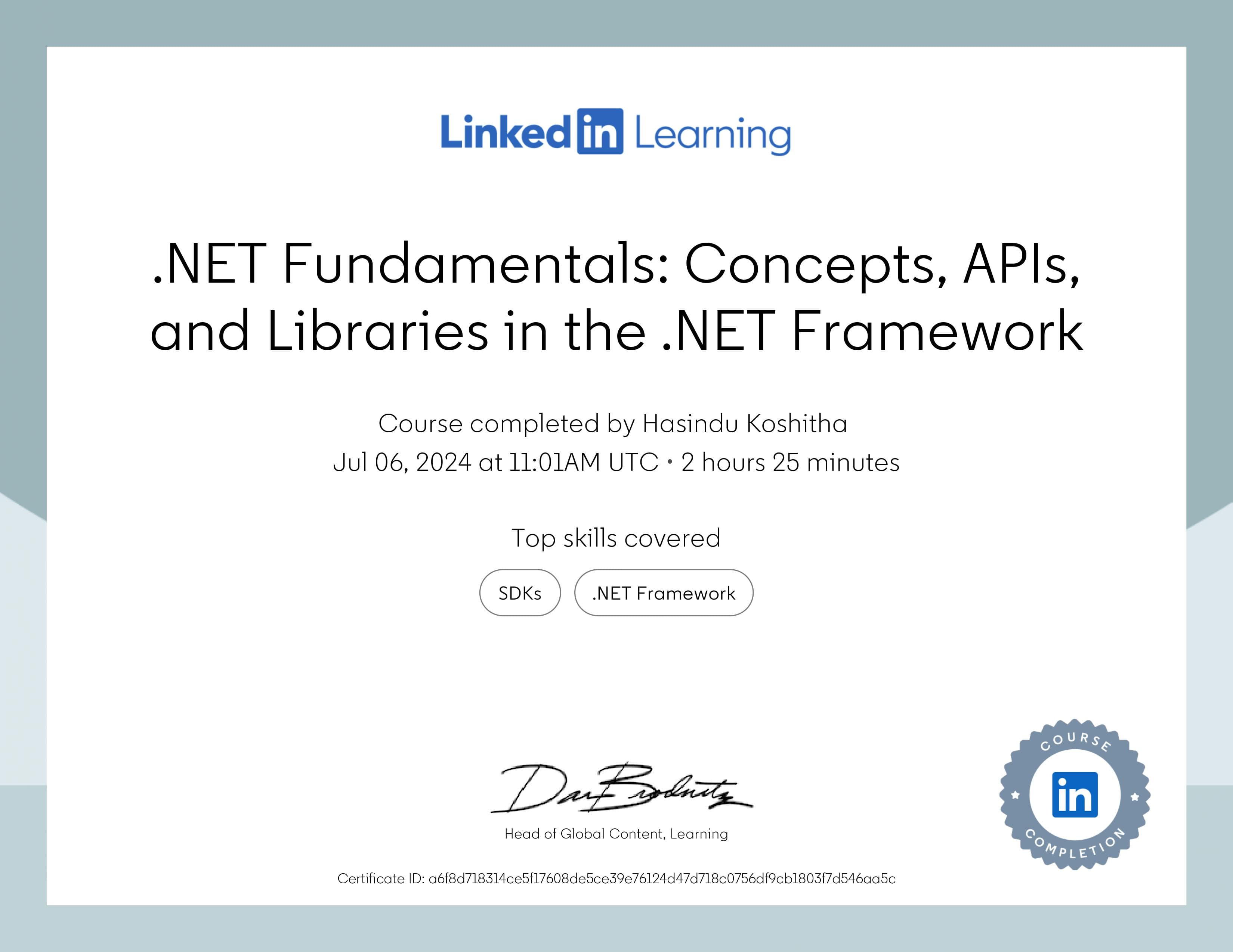 .NET Fundamentals: Concepts, APIs and Libraries certificate