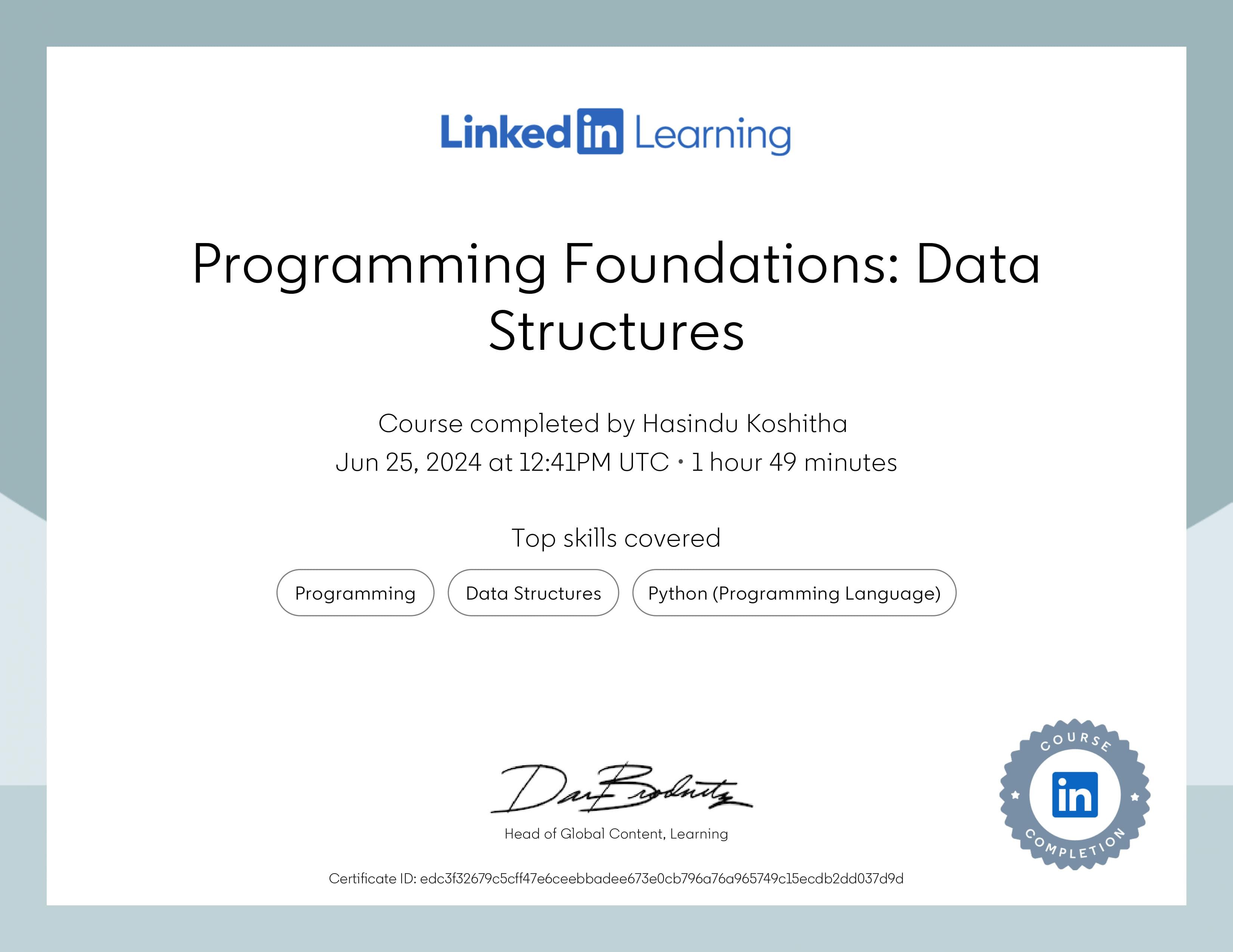 Programming Foundations: Data Structures certificate
