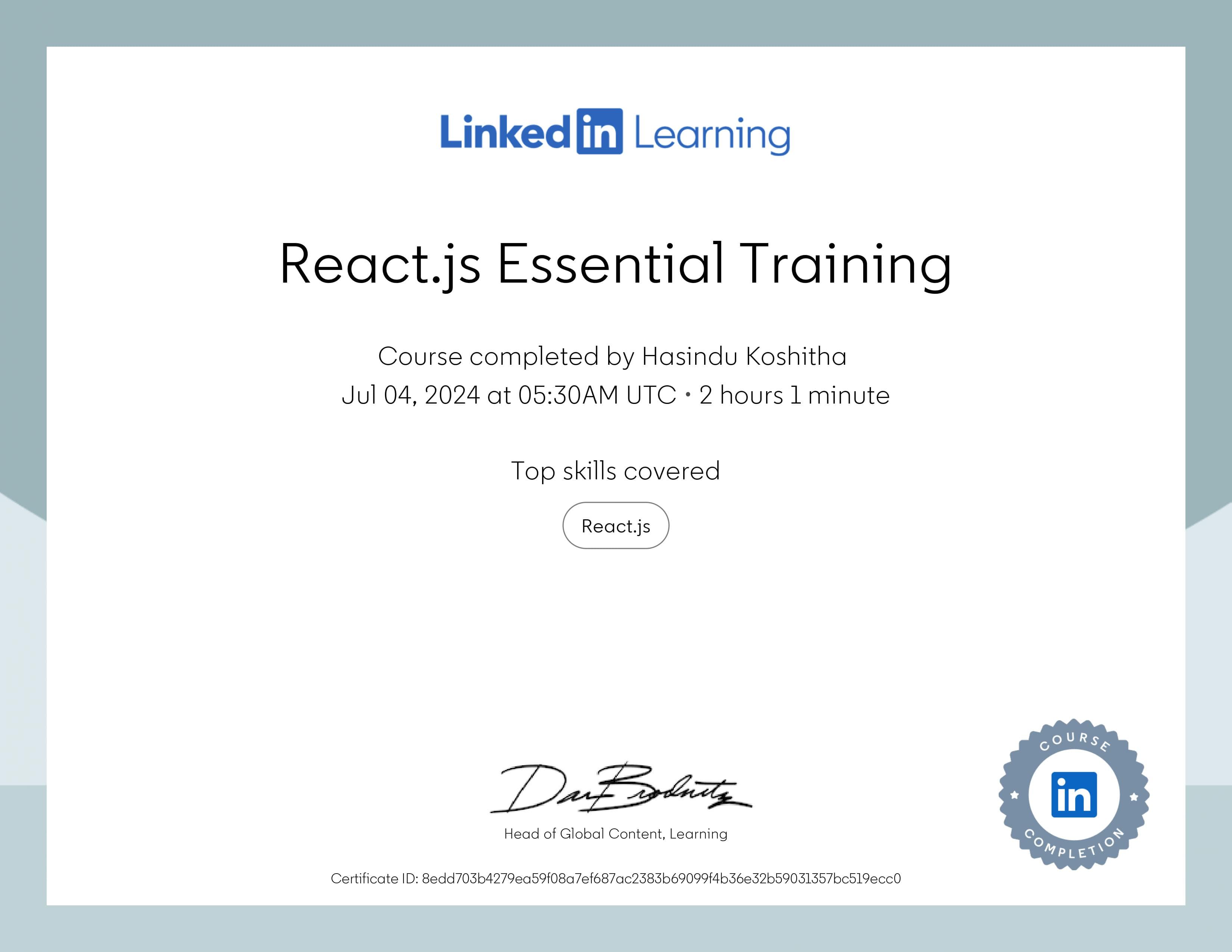 React.js Essential Training certificate